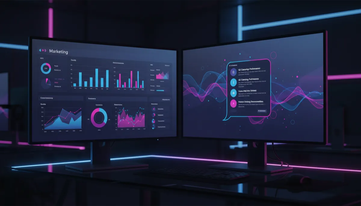 Dual screens showing AI-powered marketing dashboards and automated performance summaries