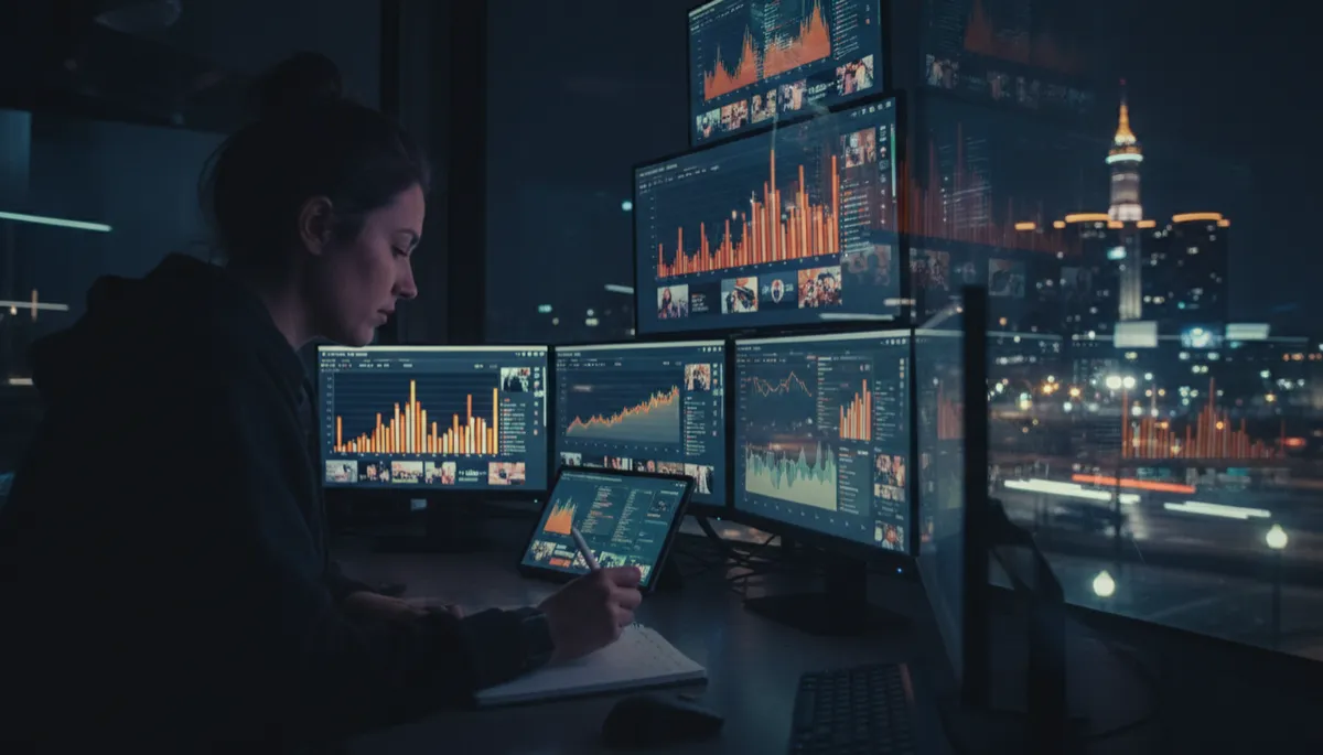 Strategist reviewing Detroit social media analytics in a dark studio