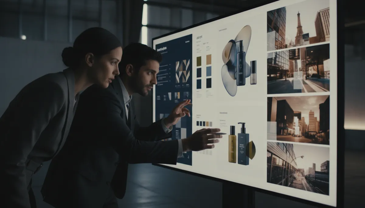 Designer and strategist refining AI-generated brand concepts on a large screen in a studio