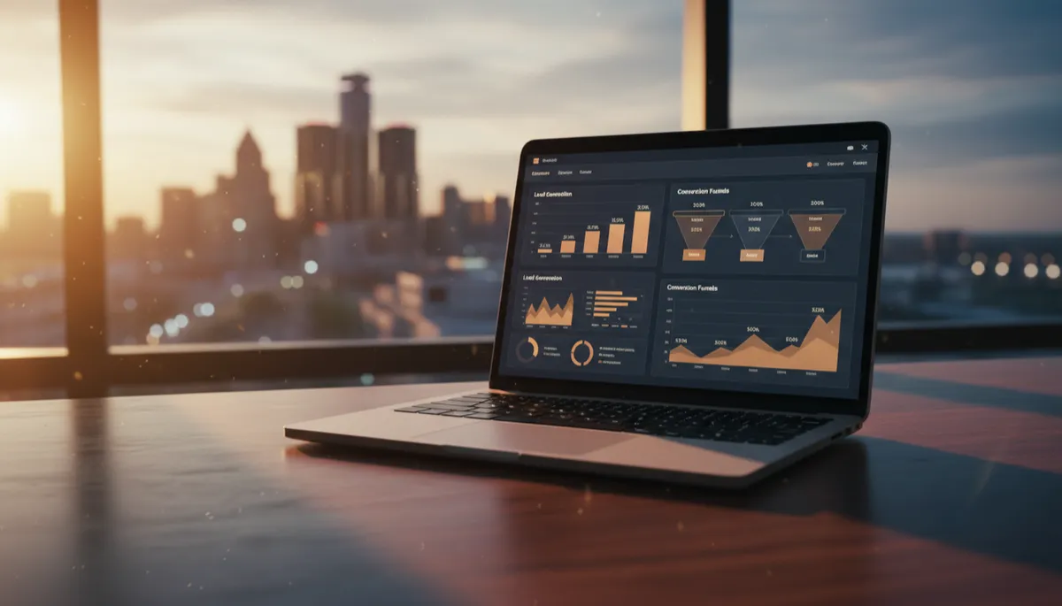 Laptop displaying CRM dashboard with lead generation metrics in Detroit office