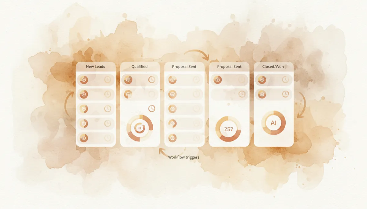 CRM dashboard showing sales pipeline, AI lead scores, and workflow automation