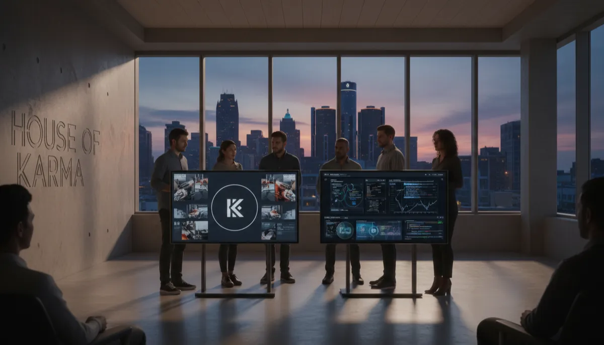 photorealistic wide shot of a modern Detroit creative studio with neutral color palette, large windows looking out over the Detroit skyline at dusk, diverse team reviewing branding concepts on screens showing logos, mood boards, and AI dashboards, subtle House of Karma branding on a wall