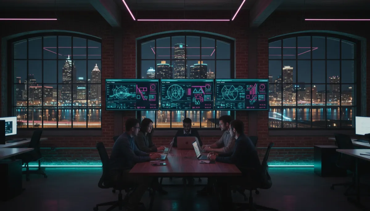 photorealistic night-time view inside a modern Detroit creative agency loft office, exposed brick, large windows overlooking downtown Detroit skyline, diverse creative team collaborating around a table with laptops and large screens showing AI dashboards, bold modern dark aesthetic with neon accent lighting in teal and magenta