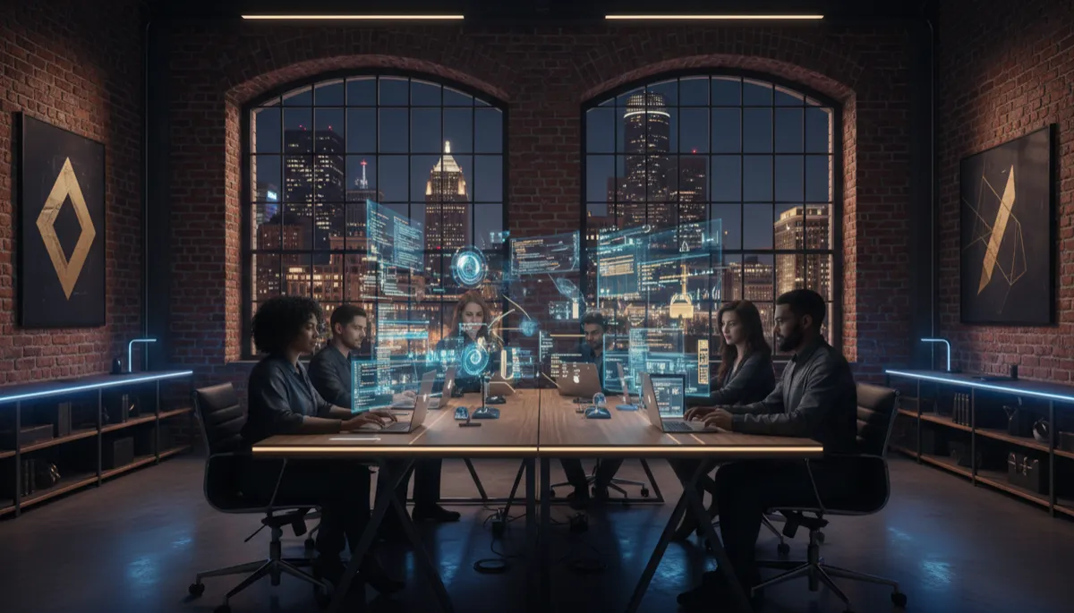 Photorealistic scene of a Detroit creative studio at night, exposed brick, large windows showing downtown skyline, diverse creative team collaborating around a table with laptops and holographic-style data visualizations, dark navy and charcoal tones with electric blue and gold accents, clean modern tech-meets-creativity aesthetic