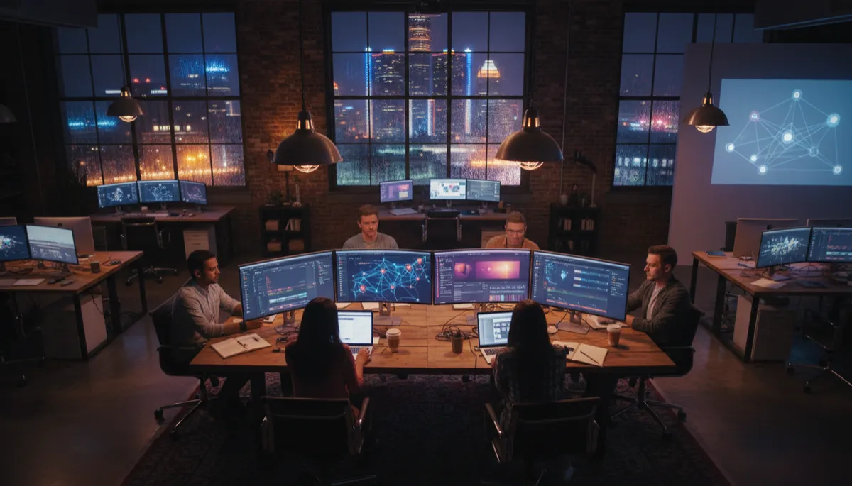 photorealistic overhead shot of a dark, moody Detroit creative agency studio at night, glowing monitors with social media dashboards and video edits, creative team collaborating around a large table, Detroit skyline lights visible through rain-streaked windows