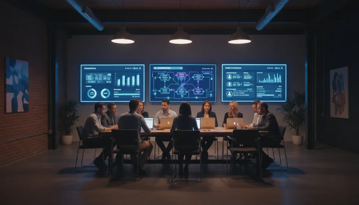 cinematic photorealistic night-time view inside a downtown Detroit loft office, diverse creative and strategy team gathered around a long table with laptops open, large wall screens showing marketing dashboards, AI automation workflows, and CRM pipelines, moody editorial lighting with warm highlights reflecting off polished concrete floors