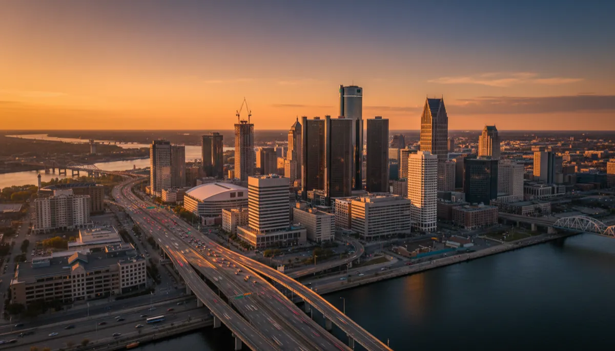 photorealistic/cinematic aerial view of Detroit skyline at golden hour, warm amber light reflecting off downtown buildings, subtle motion blur on traffic below, sense of modern business energy and growth
