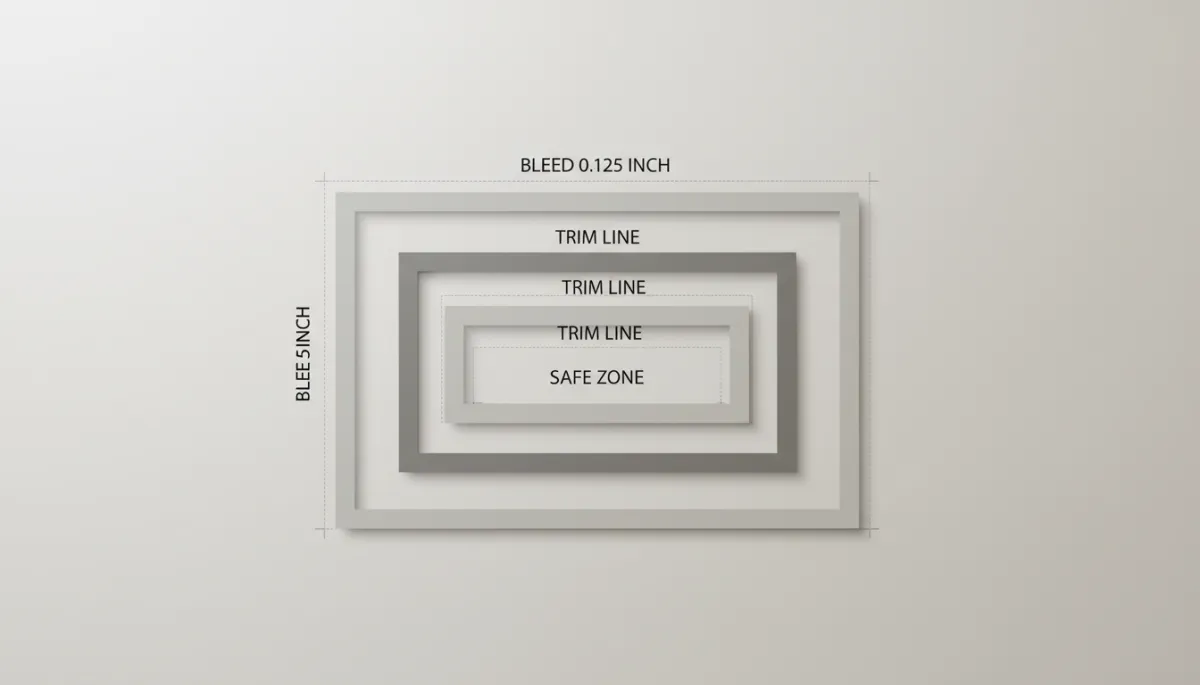 Diagram of a print layout labeled with bleed area, trim line, and inner safe zone margins clearly marked around the artwork