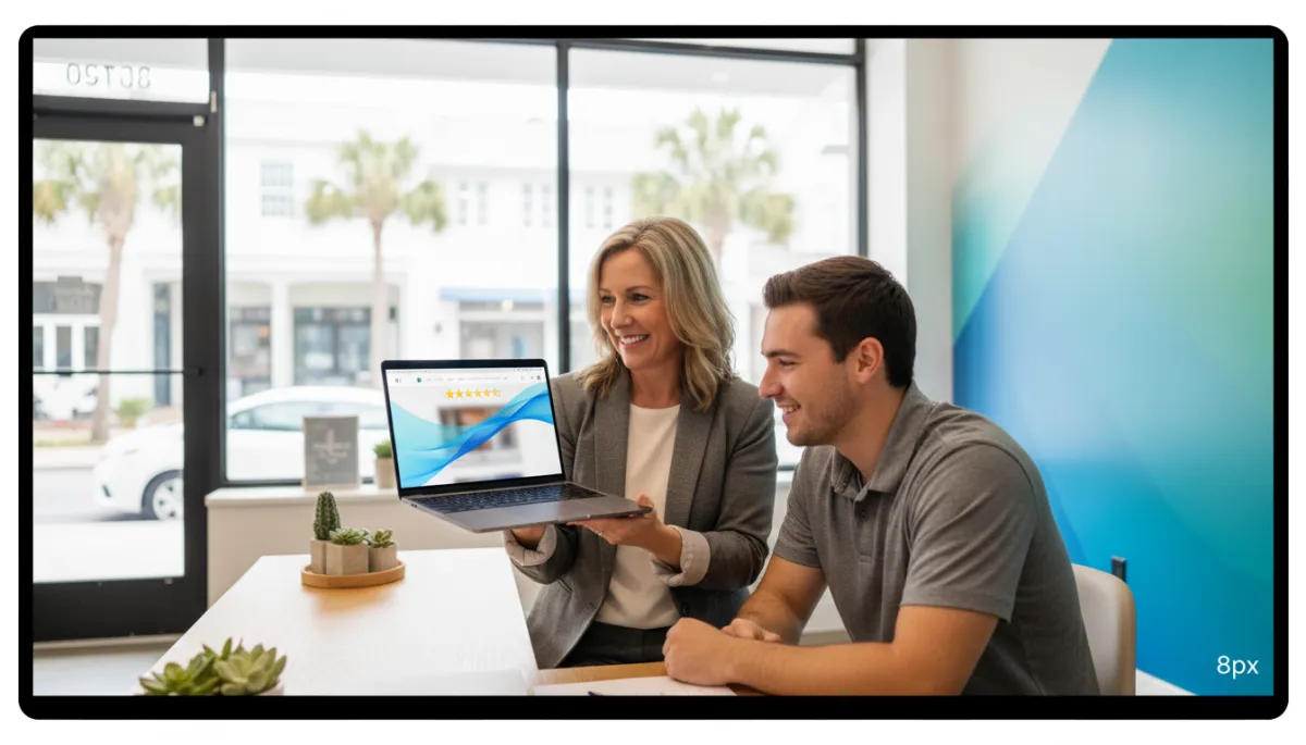 A real, high-resolution photo of a local Charleston service business owner showing their customer reviews and website on a tablet or laptop to a customer in a professional office or storefront. The setting feels trustworthy, modern, and genuine, with no cartoon or drawn elements. Image should be horizontally oriented and have an 8px corner radius.