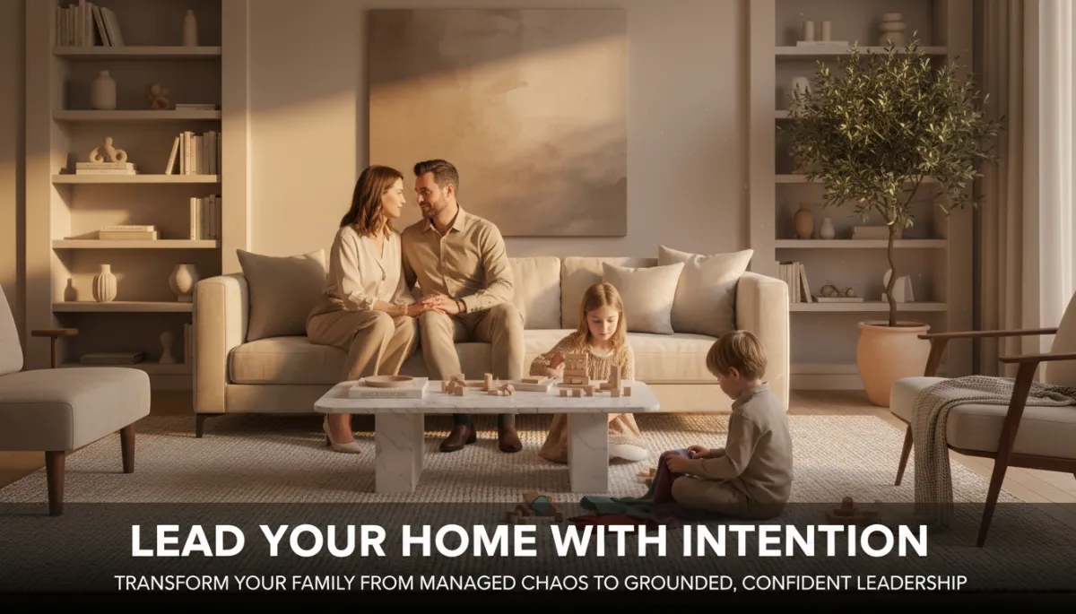 Photorealistic neutral-toned living room at golden hour, elegant but cozy; parents sitting together on a soft sofa in quiet conversation while two children play peacefully on a plush rug; warm, natural light, subtle, refined accents, atmosphere of calm, connection, and safety. The image includes the words “Lead Your Home with Intention” and “Transform your family from managed chaos to grounded, confident leadership” in large, clear white font, easy to read over a dark gradient at the bottom. Photorealistic neutral-toned living room at golden hour, elegant but cozy; parents sitting together on a soft sofa in quiet conversation while two children play peacefully on a plush rug; warm, natural light, subtle, refined accents, atmosphere of calm, connection, and safety. The image includes the words “Lead Your Home with Intention” and “Transform your family from managed chaos to grounded, confident leadership” in large, clear white font, easy to read over a dark gradient at the bottom.