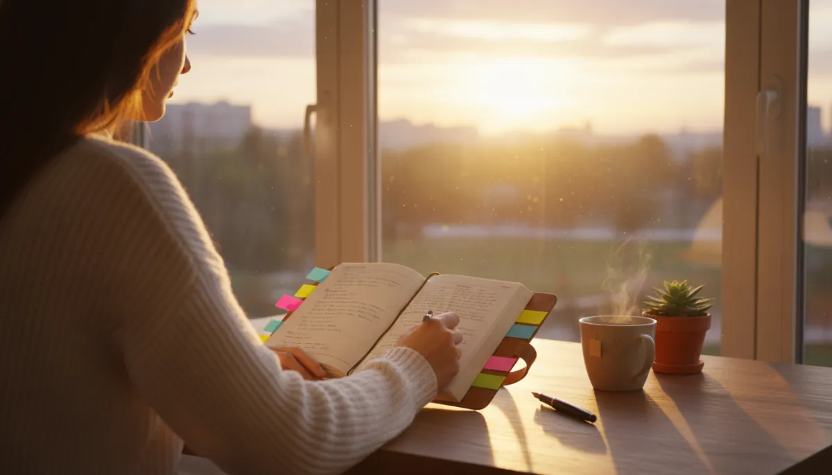 A photorealistic image of a person seated at a cozy desk by a window at sunrise, soft golden morning light streaming in and gently illuminating an open journal filled with handwritten notes and colorful sticky tabs. The person appears calm and reflective, gazing at the pages with a sense of newfound clarity. The warm, uplifting colors of the sunrise subtly symbolize a fresh start and mental renewal, while the organized journal and peaceful ambiance convey productivity and emotional release. The overall tone is serene and professional, ideal for a blog about achieving mental clarity through brain dumping.