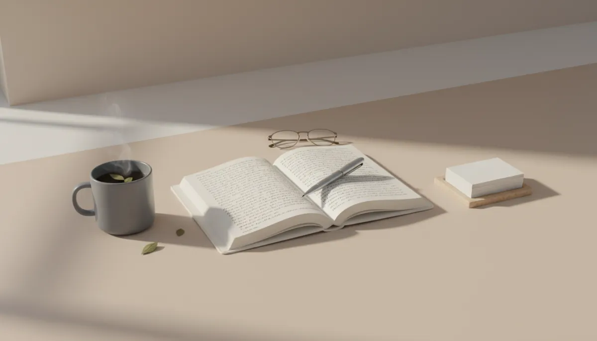 professional neutral-toned desk with open journal, pen resting on pages filled with handwritten notes, soft natural light, a mug of tea nearby, minimal clutter, calm atmosphere