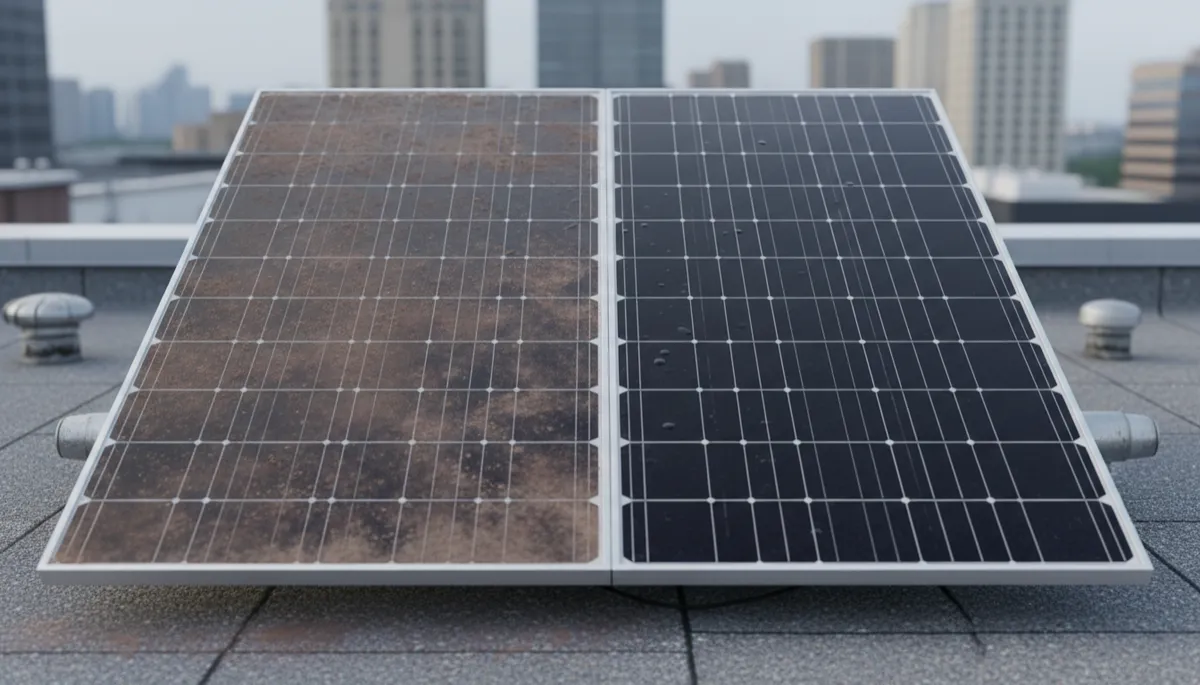 Close-up comparison of dirty and clean sections of a solar panel on a commercial roof