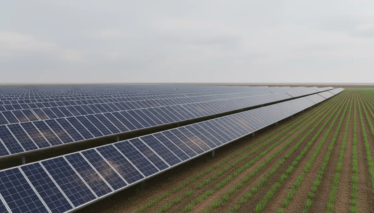 Professional view of a commercial solar array next to dusty agricultural fields