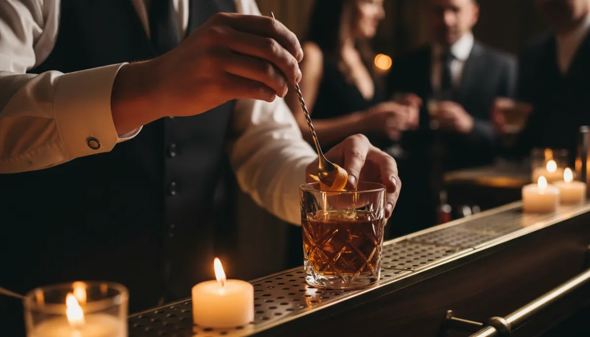 Bartender garnishing an old fashioned at an elegant mobile bar