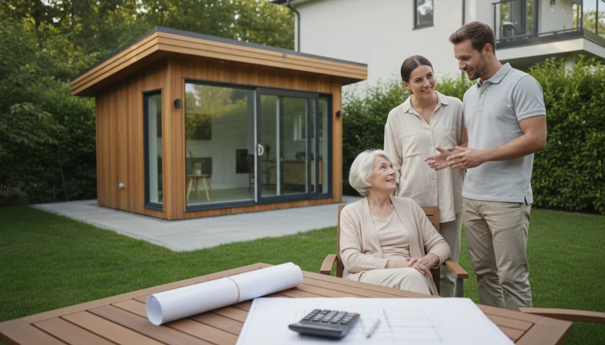 Family discussing financial benefits of building a granny suite in Ontario Family discussing financial benefits of building a granny suite in Ontario