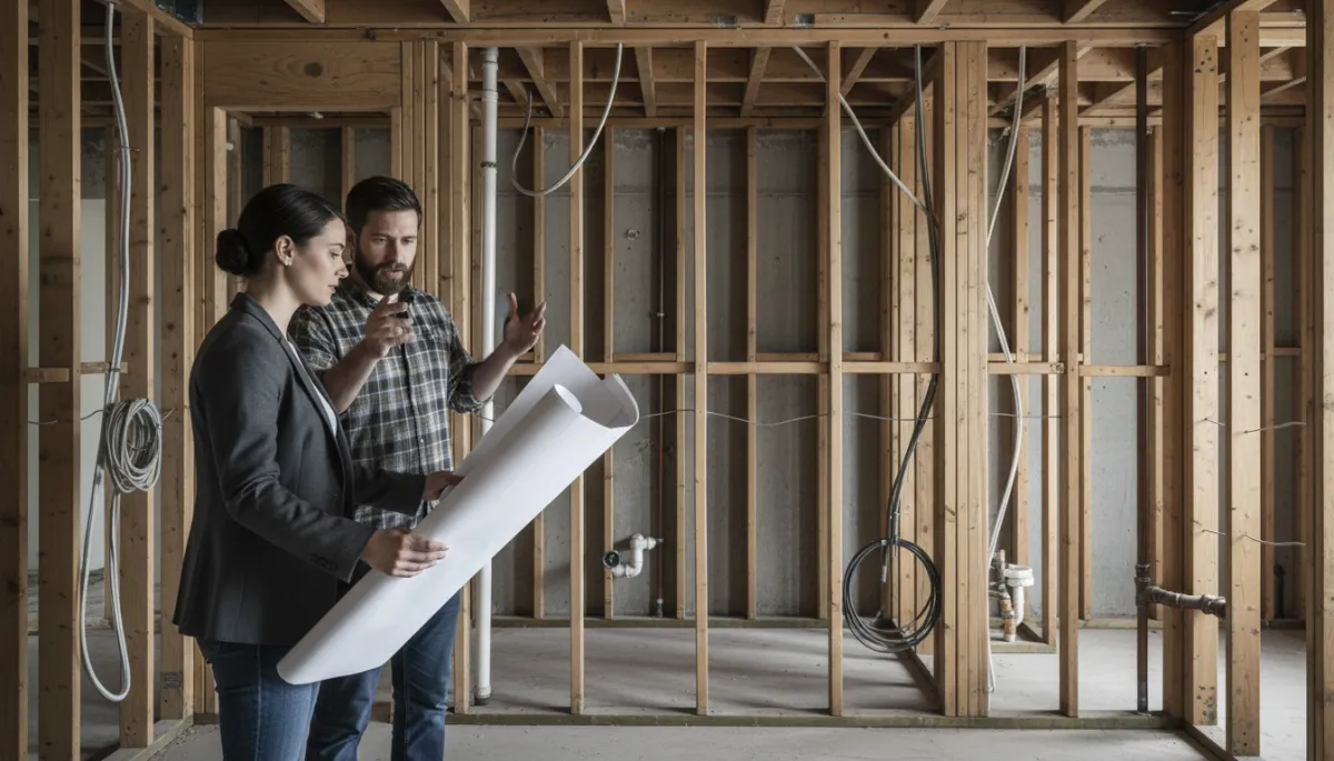 Professional interior renovation scene with exposed framing and visible building systems Professional interior renovation scene with exposed framing and visible building systems