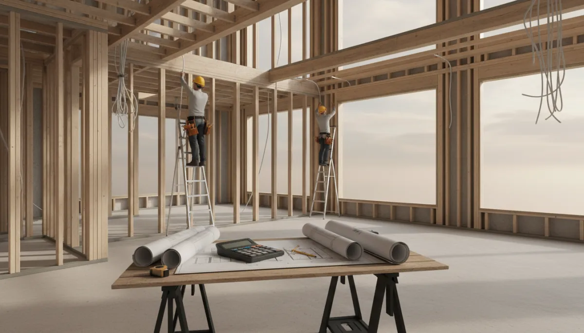 Large home undergoing substantial renovation with exposed framing and renovation budget plans