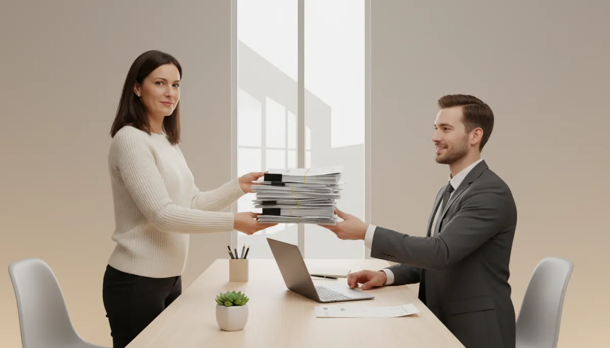 Ontario homeowner organizing HST housing rebate documents with a specialist