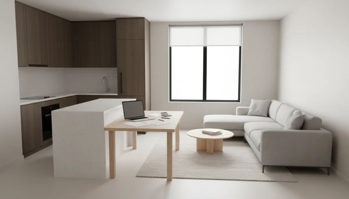 Interior of a modern laneway rental suite with paperwork laid out for HST rebate planning Interior of a modern laneway rental suite with paperwork laid out for HST rebate planning