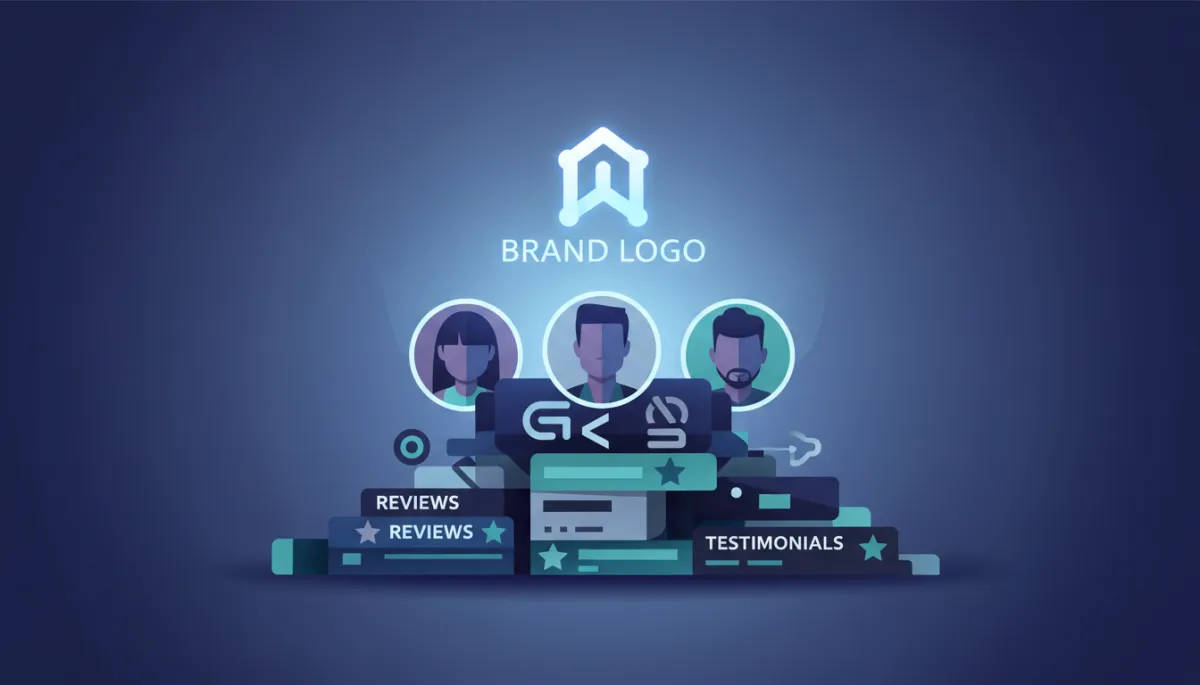 Layered representation of reviews, experts, and media supporting a brand logo Layered representation of reviews, experts, and media supporting a brand logo