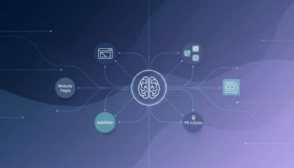 Illustration of interconnected digital assets feeding into an AI search engine Illustration of interconnected digital assets feeding into an AI search engine