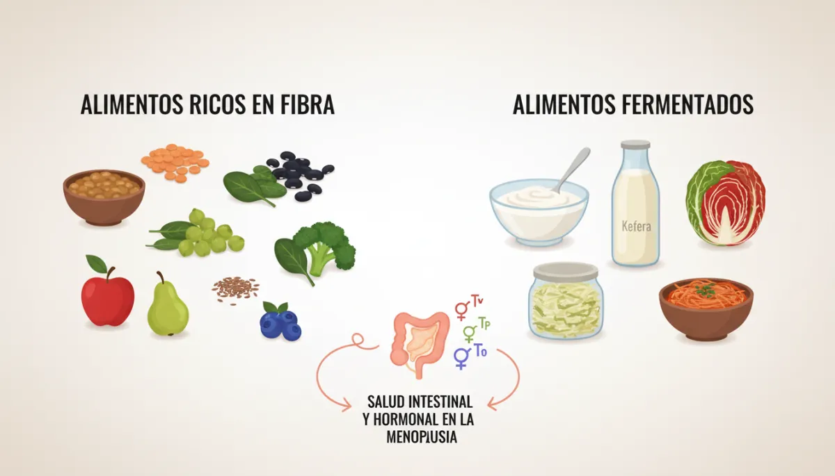 Una ilustración clara y didáctica que muestre alimentos ricos en fibra (legumbres, verduras de hoja verde, frutas con piel, semillas de lino) y alimentos fermentados (yogur, kéfir, chucrut, kimchi) agrupados en dos secciones, con etiquetas fáciles de leer, sobre un fondo neutro claro. El objetivo es que se entienda fácilmente qué alimentos pertenecen a cada grupo y cómo ambos ayudan a la salud intestinal y hormonal en la menopausia.