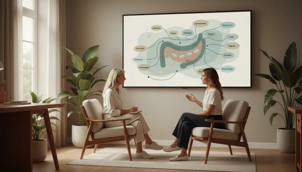 professional escena en consulta de salud integrativa, mujer de mediana edad conversando con especialista frente a pantalla que muestra un diagrama del intestino y hormonas, tonos neutros y luz suave