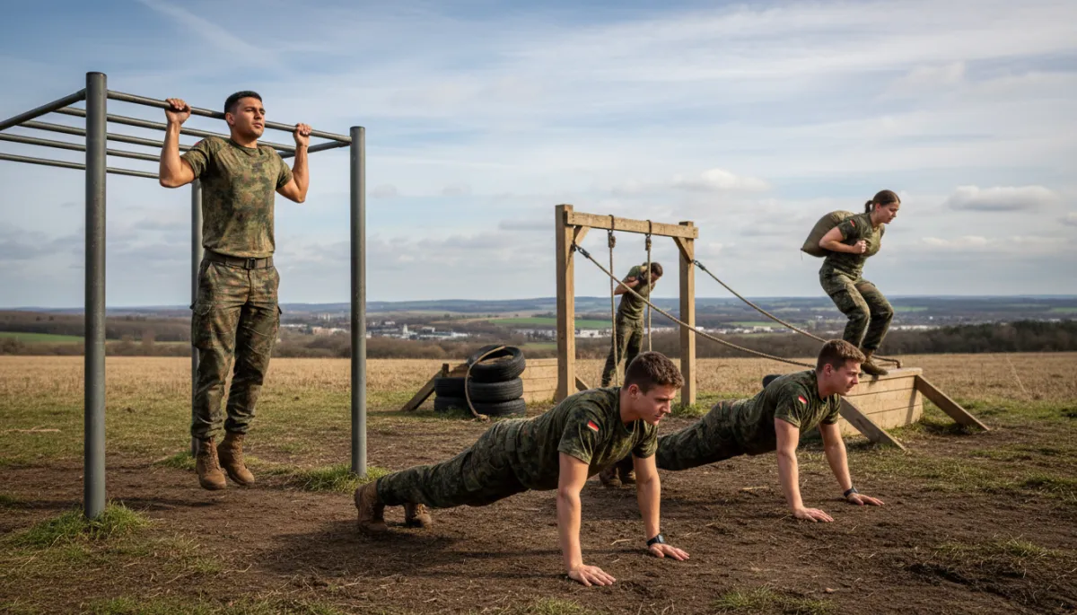 add some visals and images. Context: This is for a blog post about "Die besten Fitnessübungen zur Vorbereitung auf die AGA bei der Bundeswehr". Style: Professional quality, photorealistic, high resolution add some visals and images. Context: This is for a blog post about "Die besten Fitnessübungen zur Vorbereitung auf die AGA bei der Bundeswehr". Style: Professional quality, photorealistic, high resolution