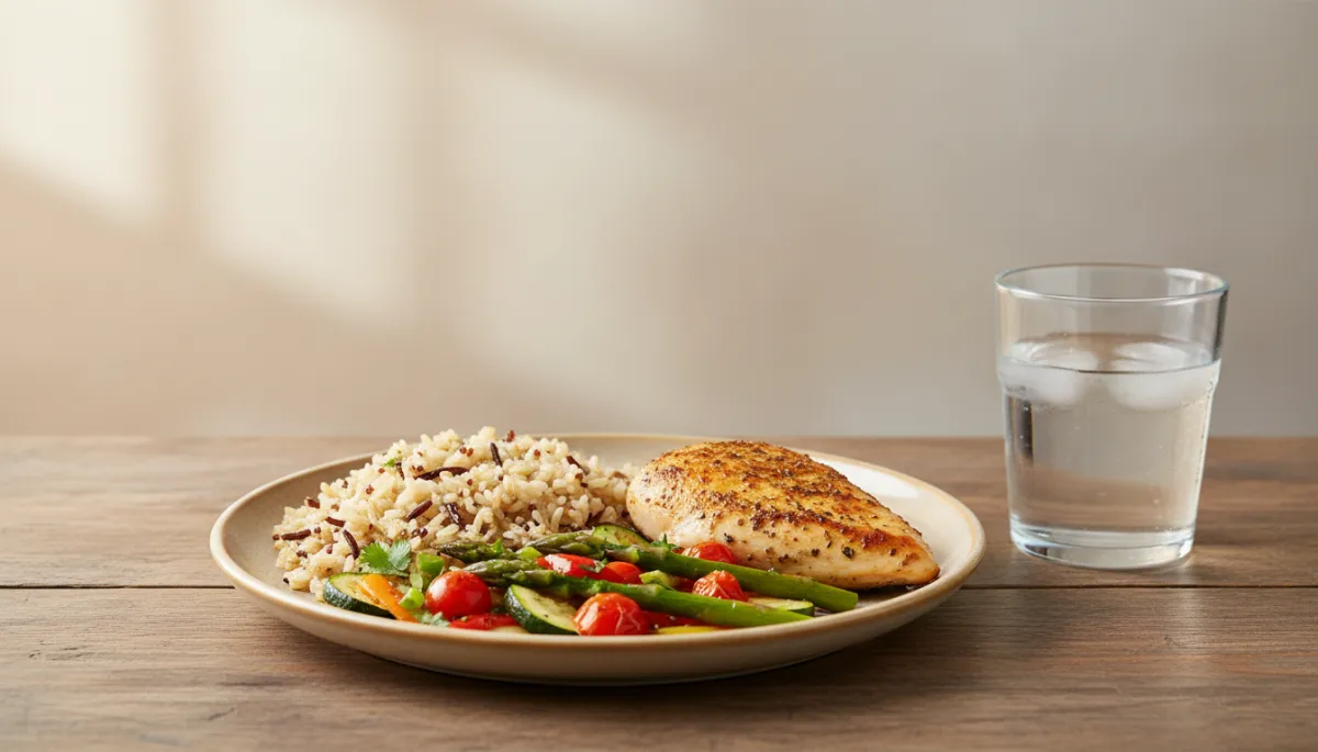 Ausgewogene Fitnessmahlzeit mit Protein, Kohlenhydraten und Gemüse