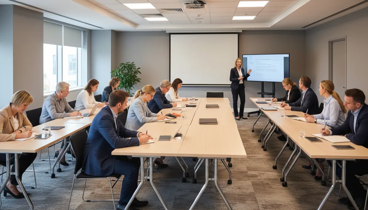 Professional neutral conference room arranged as a training and workshop space