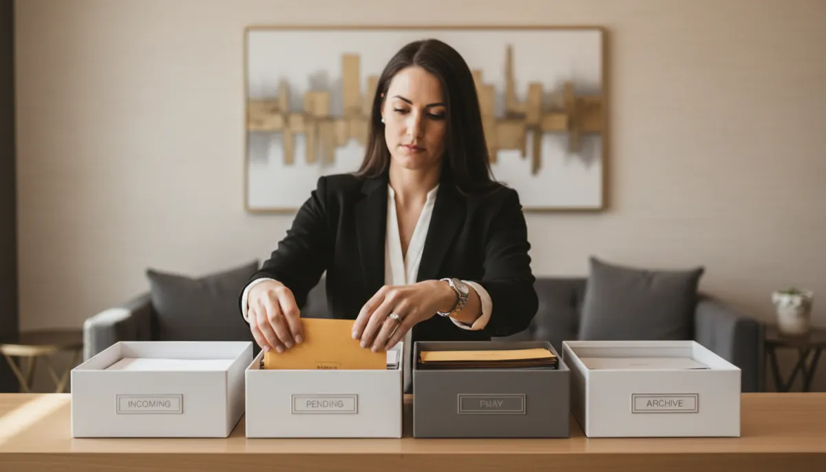 Receptionist managing secure business mail in an upscale Katy virtual office