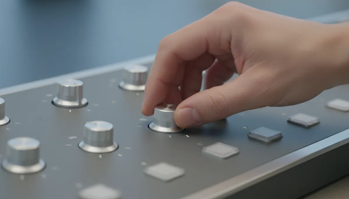 A hand adjusting a single dial on a control panel, symbolizing precise tuning of AI workflows.