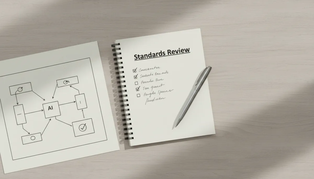 A workflow diagram beside a standards checklist, symbolizing ongoing review of AI systems.