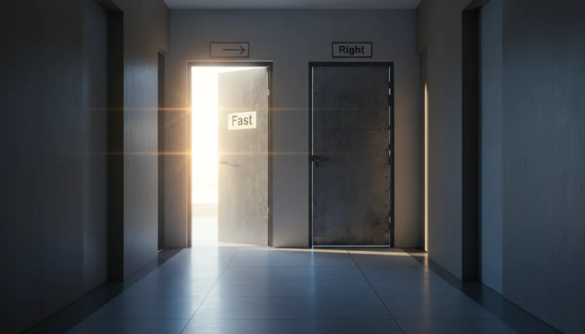 Two doors labeled fast and right, symbolizing the choice between speed and judgment.