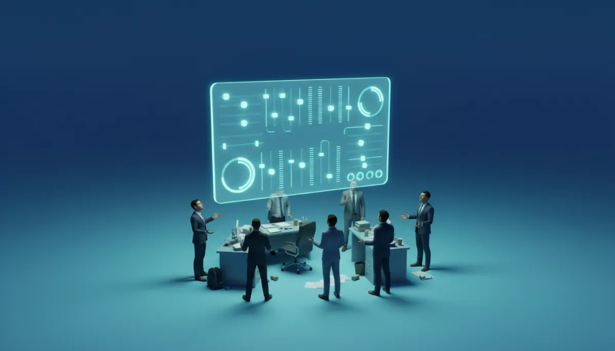 3d render digital art of local owners facing an unfocused AI control panel