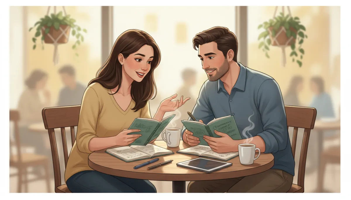 Replace generated image with the original, authentic photograph of a couple learning to communicate at a small table, with notebooks, in a real-life setting. Replace generated image with the original, authentic photograph of a couple learning to communicate at a small table, with notebooks, in a real-life setting.