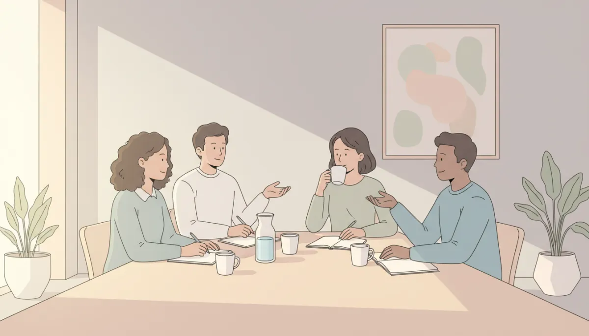 Supportive group of professionals in a calm setting discussing mental health and recovery
