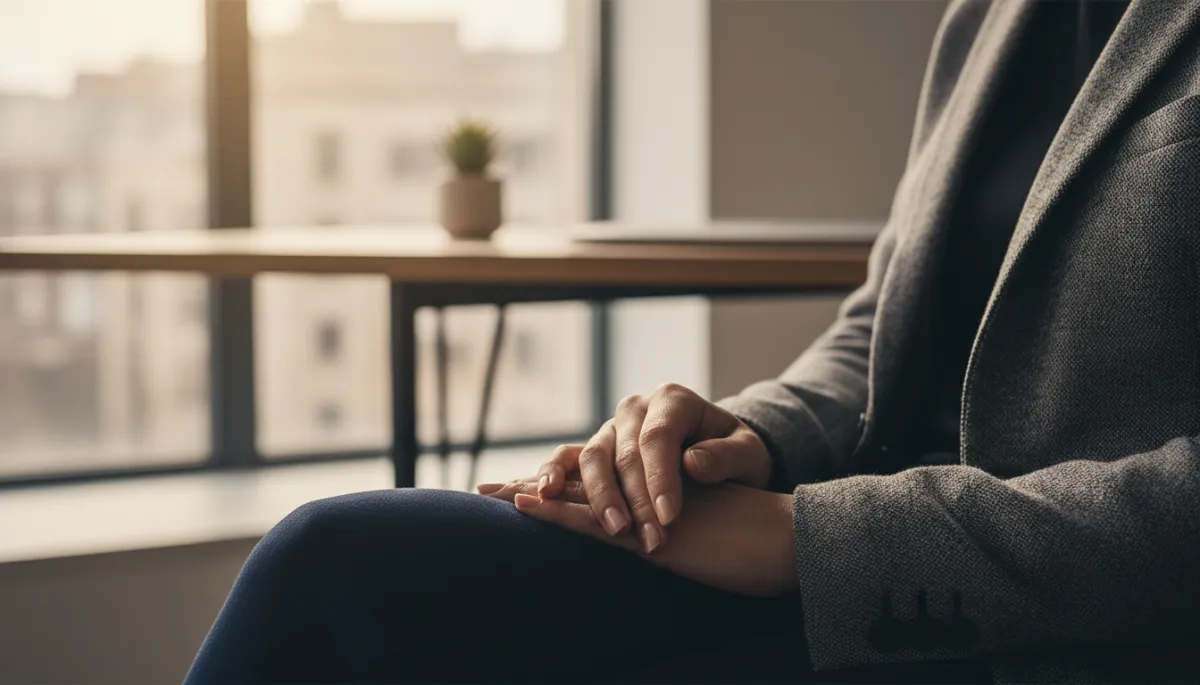 Person taking a slow, grounding breath in a calm office environment