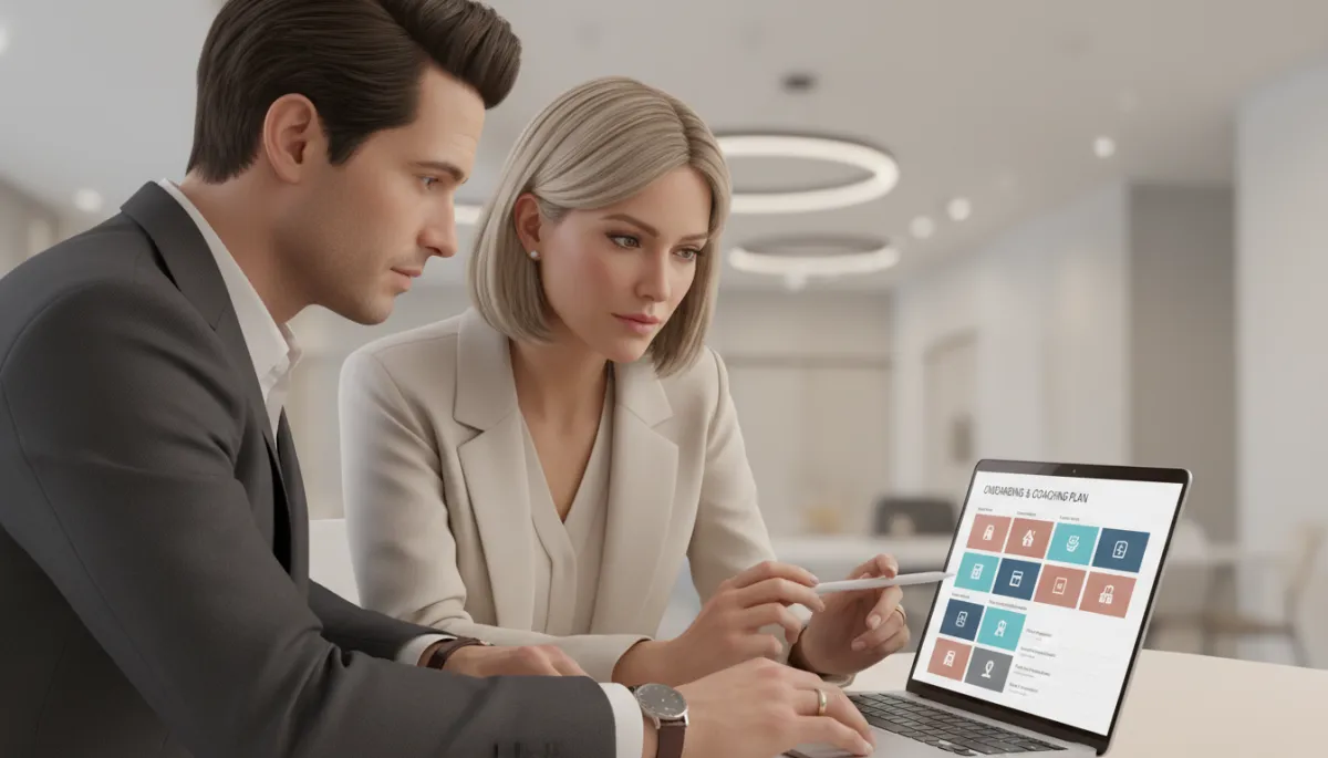 Consultant and real estate principal reviewing a structured onboarding plan on a laptop