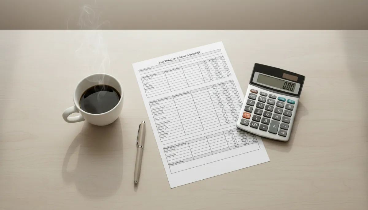 Australian real estate agent’s budget worksheet and calculator on a tidy desk