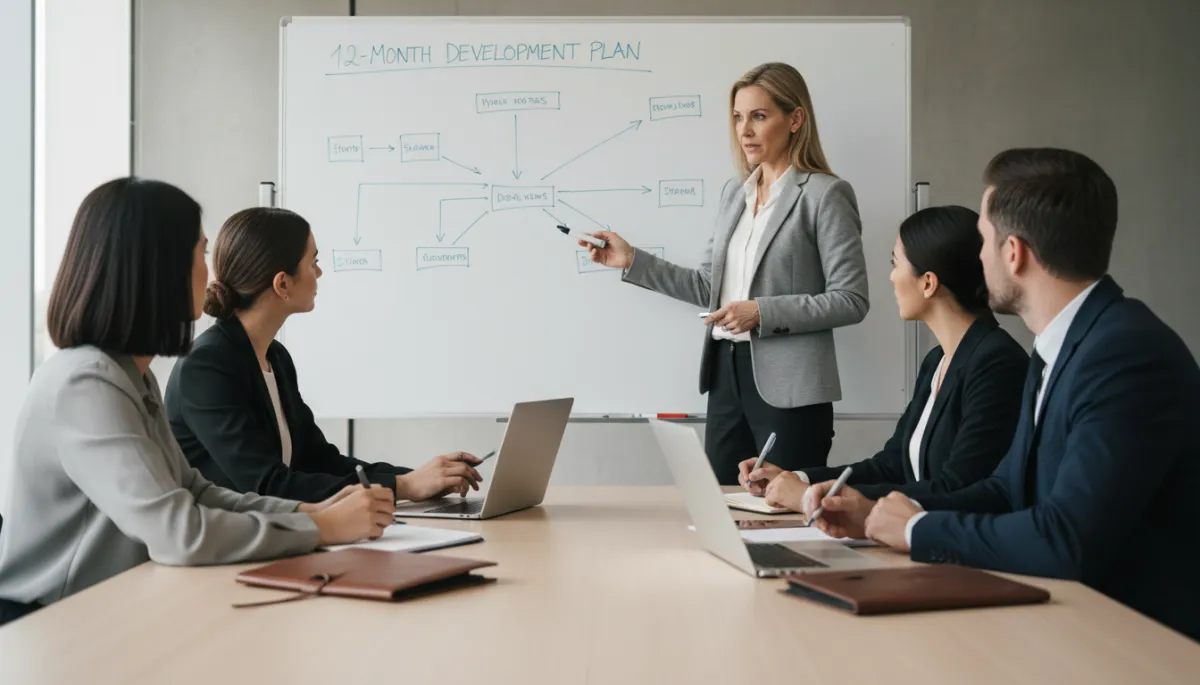 Principal outlining a structured development plan to new agents in a training session