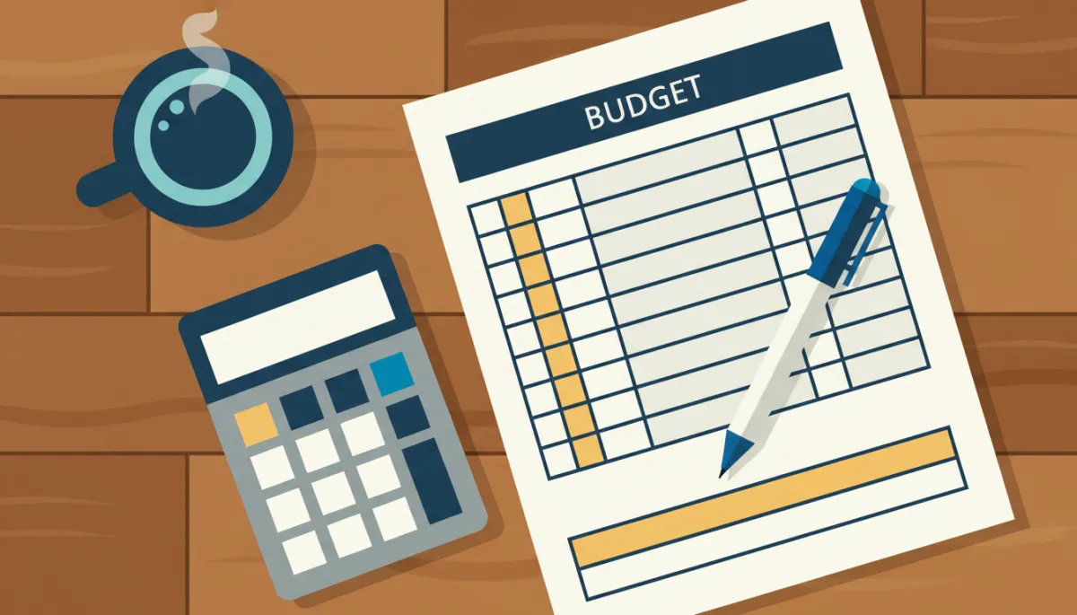 Organized budget worksheet and calculator used to plan a financial buffer