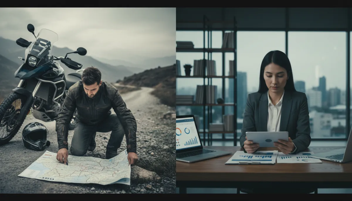 Motorcyclist planning a route and real estate agent reviewing market data side by side