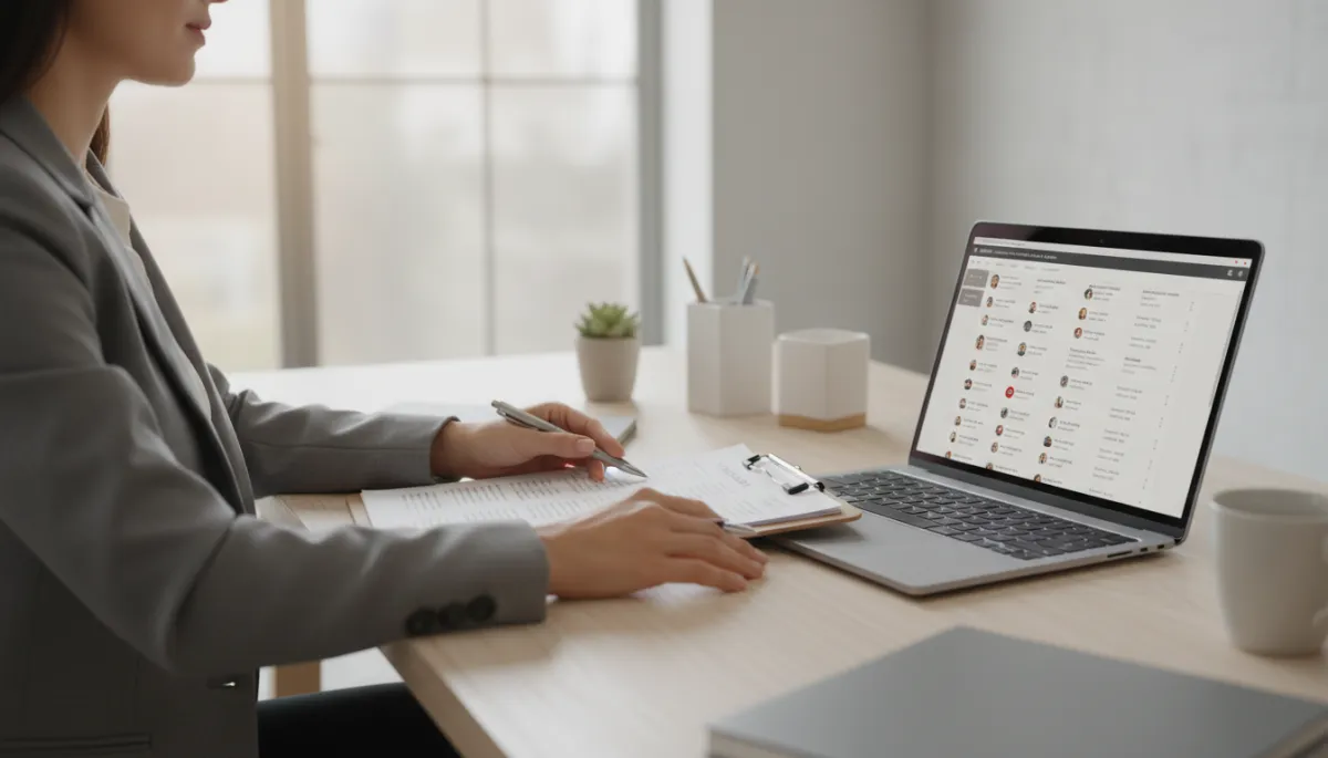 Real estate agent comparing a handwritten contact list on a clipboard with a CRM on a laptop Real estate agent comparing a handwritten contact list on a clipboard with a CRM on a laptop