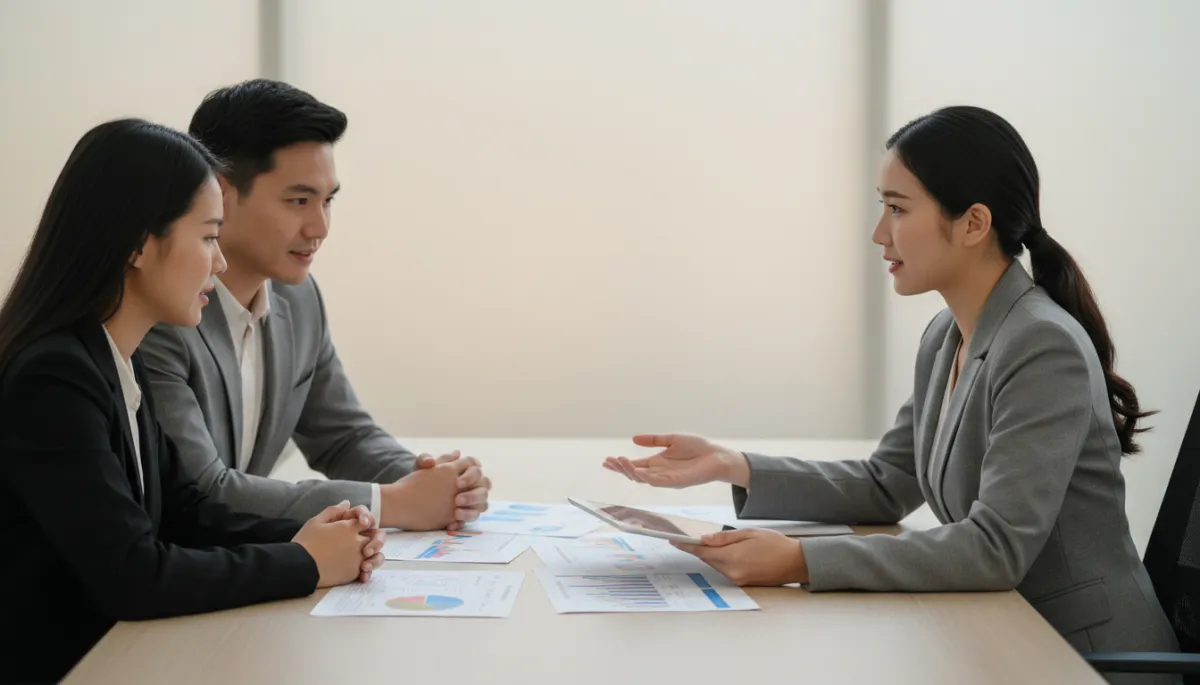 Agent explaining market data to buyers in a calm, professional meeting