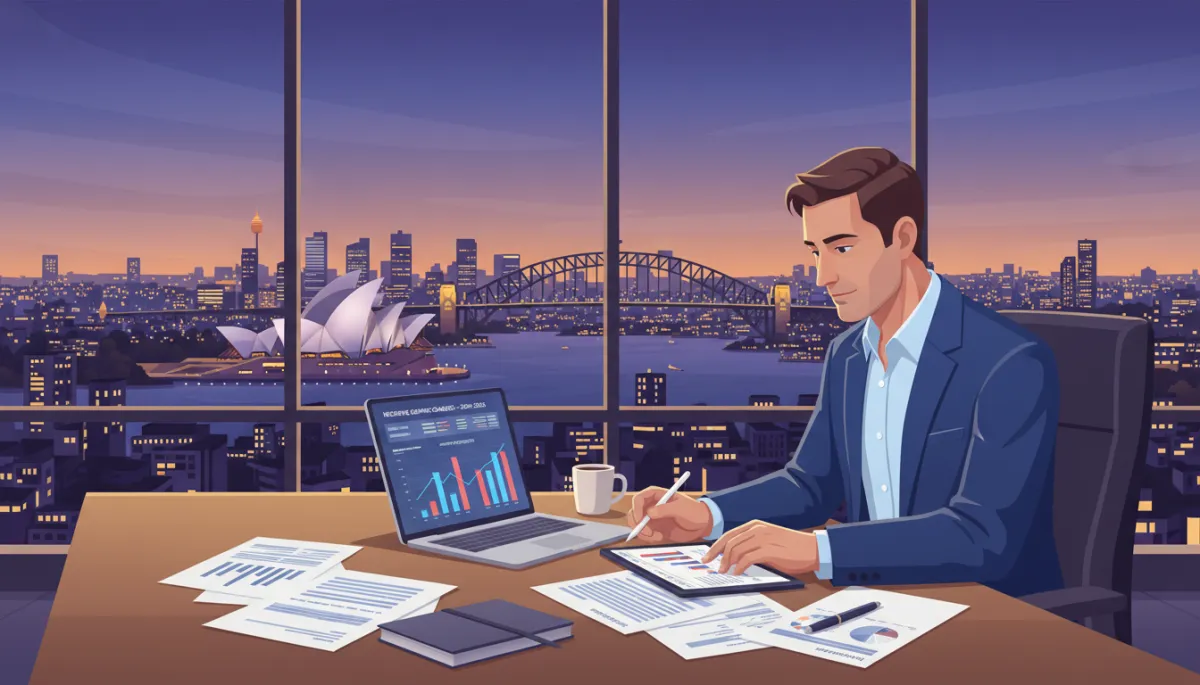 Australian real estate agent and investor reviewing tax and property projections at a desk, with charts showing negative gearing changes on a laptop, Sydney skyline through the window at dusk