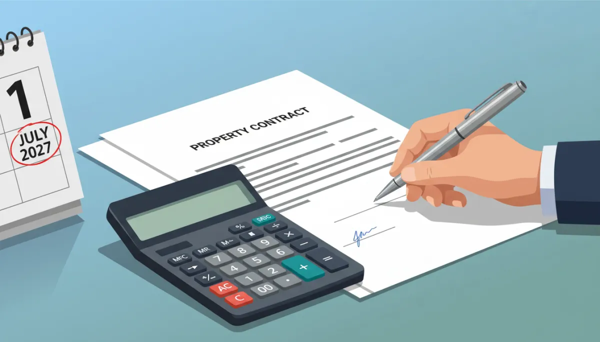 Close-up of calendar marked 1 July 2027 beside printed property contract and calculator, agent’s hand holding a pen ready to sign