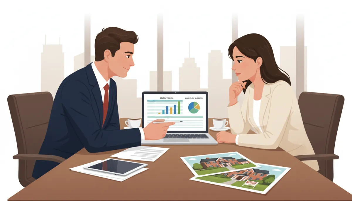 Agent and investor reviewing rental yield and cash-flow spreadsheet on a laptop, with photos of an established property on the table