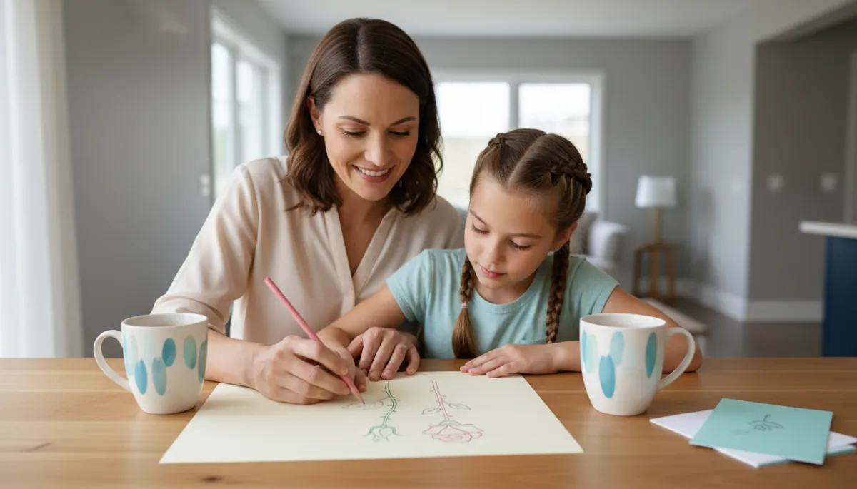 Parent and child using Rose, Thorn, Bud check-in together at the kitchen table Parent and child using Rose, Thorn, Bud check-in together at the kitchen table